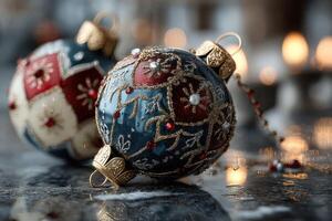Colorful decorative ornaments displayed on a table surrounded by warm ambient lighting during the holiday season photo