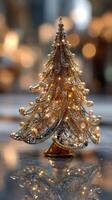 Decorative Christmas tree adorned with lights and ornaments in a festive setting photo