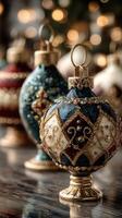 Colorful vintage ornaments displayed on a table during festive season in a cozy setting with warm lighting photo