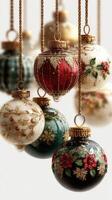 Colorful ornaments hang gracefully, capturing the essence of festive holiday decorations in a cozy indoor setting photo