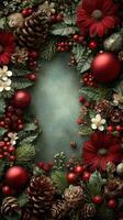Festive holiday arrangement with red flowers, pinecones, and ornaments on a textured green backdrop photo