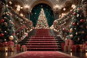 Elegant Christmas staircase decorated with trees and gifts in a festive setting photo