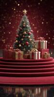 Christmas tree adorned with ornaments and gifts in a festive setting with twinkling lights and rich colors photo