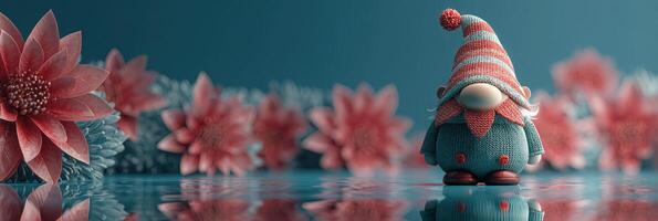 Colorful gnome figurine surrounded by blooming flowers on a reflective surface in a serene setting photo
