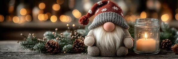Cozy holiday decoration featuring a gnome, candle, and pinecones in a softly lit setting photo