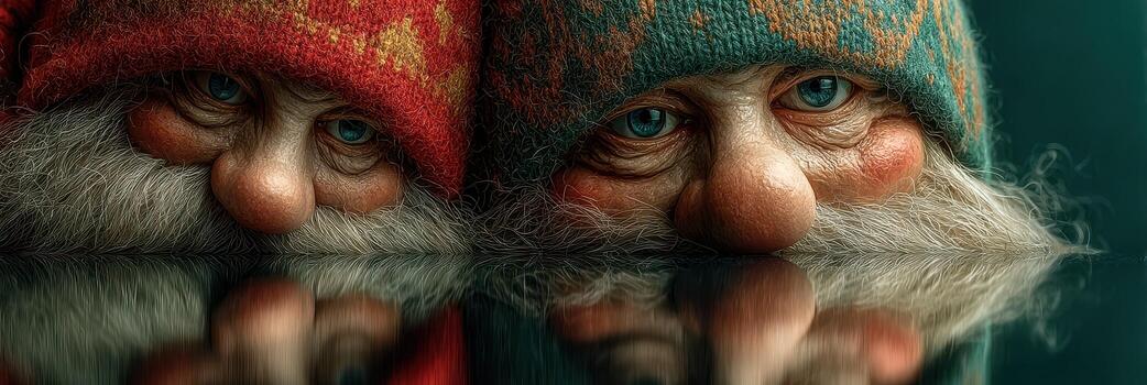 dos mayor gnomos con tupido barbas en vistoso sombreros reflejando en un calma superficie en un acogedor ambiente foto