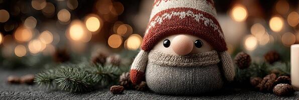 Cute holiday gnome decoration wearing a warm hat and scarf surrounded by festive lights and natural elements in winter setting photo