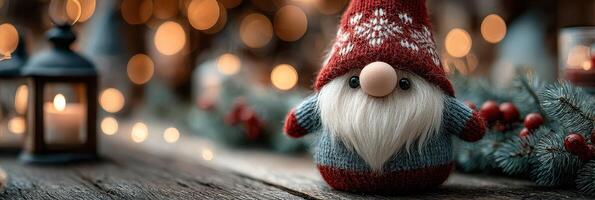 Festive gnome decoration with warm lights and natural elements creating a cozy holiday atmosphere photo
