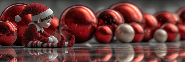 Sweet elf sits among shiny red ornaments during a festive celebration in a cozy indoor space photo