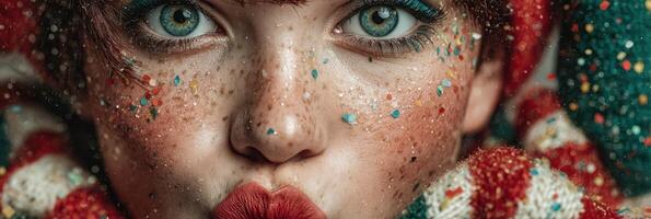 Portrait of a young girl with colorful makeup and festive decorations during a celebration in winter photo