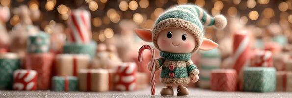 Charming holiday elf with a candy cane amidst beautifully wrapped presents and soft glowing lights photo