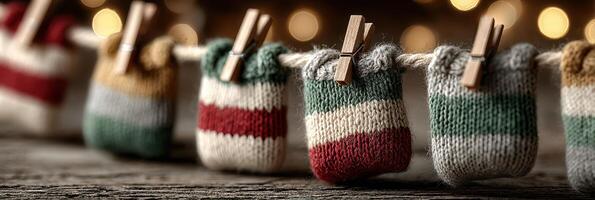Decorative knitted stockings hanging on a string with warm lights in the background during a festive celebration photo