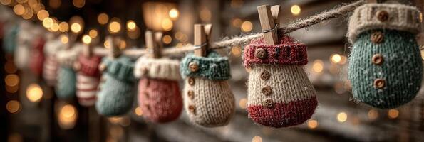 Colorful knitted mittens hanging on a clothesline against a backdrop of warm holiday lights in a rustic setting photo