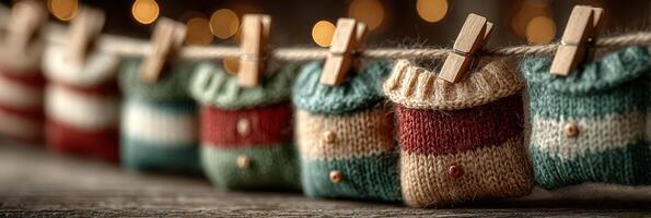 Colorful knitted ornaments hang on a string against a softly lit background during the holiday season photo