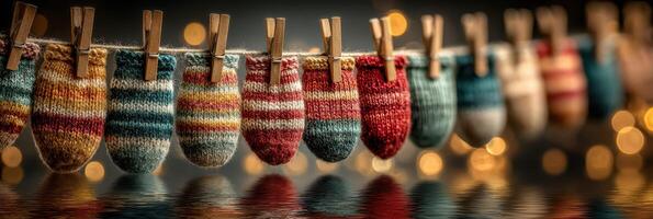 Colorful knitted decorations hang on a line with festive lights illuminating a cozy atmosphere during a seasonal celebration photo