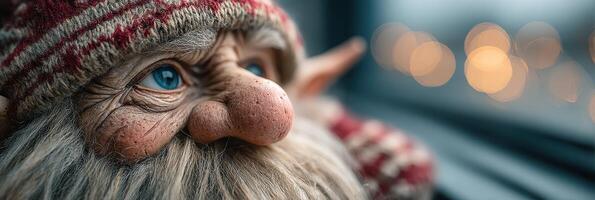 Whimsical with blue eyes, a detailed elf figure gazes out the window during twilight photo
