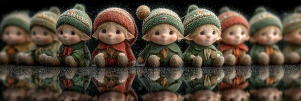 Cute dolls dressed as elves sitting in a row with colorful hats and expressive faces in a festive atmosphere photo