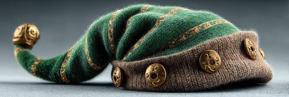 Festive green and brown elf hat with decorative buttons and golden bells on display photo