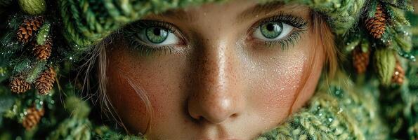 Captivating portrait of a woman in nature-inspired attire with pine details during winter season photo