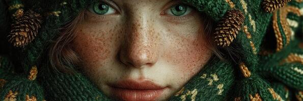 Girl with green eyes and freckles wearing a knitted scarf adorned with pine cones in a nature-inspired setting photo