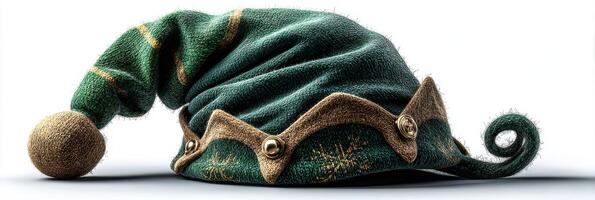 Unique green elf hat with a playful curl and gold embellishments displayed against a bright background photo