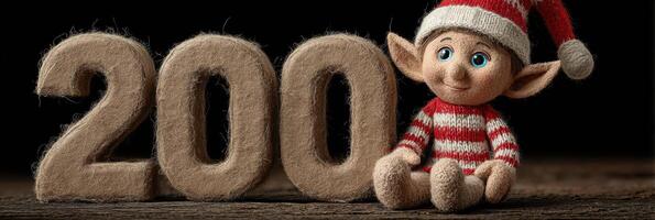 Handcrafted elf with striped sweater sits next to woolen number 200 in a warm indoor setting during the holiday season photo