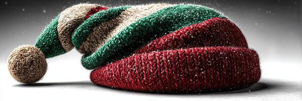 Colorful knitted Christmas hat lying on a surface with a hint of snowflakes scattered around photo