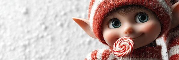 Cheerful elf character holding a striped candy in a festive setting during winter photo