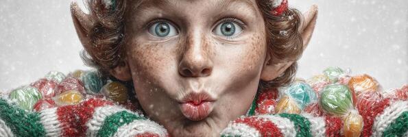 Child elf celebrating winter festivities with colorful candies and joyful expression during a snowy day photo