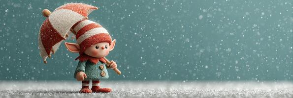 Winter elf character holding an umbrella in snowy, playful atmosphere with soft colors and whimsical design photo