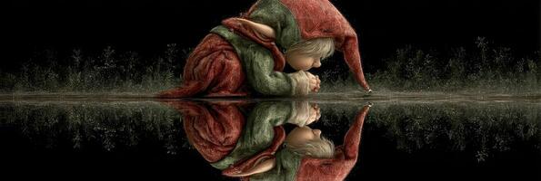 Childlike figure kneeling by a reflective surface in a whimsical forest setting during twilight hours photo