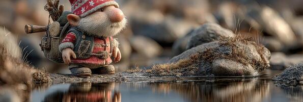 Small gnome exploring a serene riverbank during the early morning light in a tranquil natural setting photo