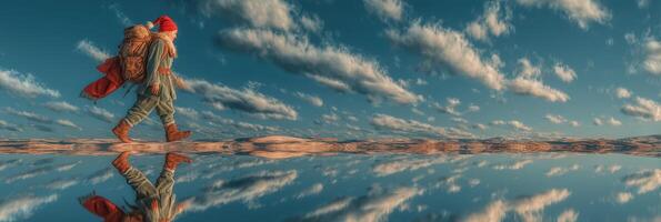 Person with backpack walks along reflective surface under bright blue sky with fluffy clouds at sunset photo
