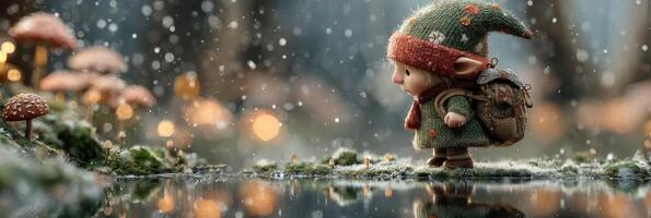 Whimsical elf exploring a magical forest with glowing mushrooms during a gentle snowfall at twilight photo