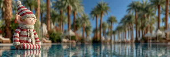 Cozy elf statue meditates by the serene pool surrounded by palm trees under clear blue skies photo