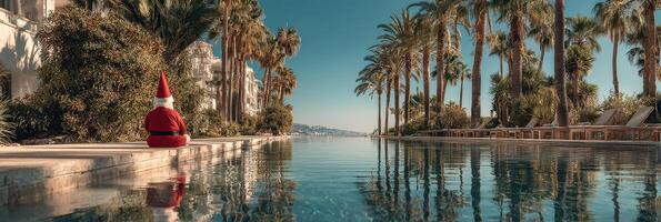 Santa Claus doll enjoying a sunny day by the tranquil pool at a luxury resort photo