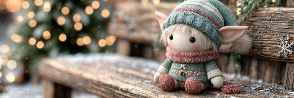 Cute elf doll sitting on a snowy bench surrounded by festive lights during winter season photo