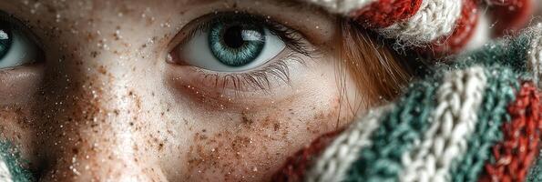 Captivating close-up of child with sparkling eyes and cozy scarf in snowy winter landscape photo