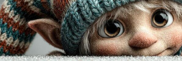 Charming elf character with big eyes wearing a cozy knit hat on a soft surface photo