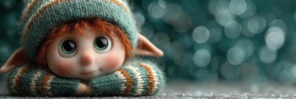 Adorable elf character with bright blue eyes and autumn-themed knitwear in a cozy indoor setting during the festive season photo