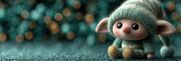 Cute elf doll with big ears sitting against a sparkling teal background during a festive season photo