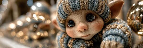 Charming creature in knitted clothing gazes thoughtfully in a festive display setting photo