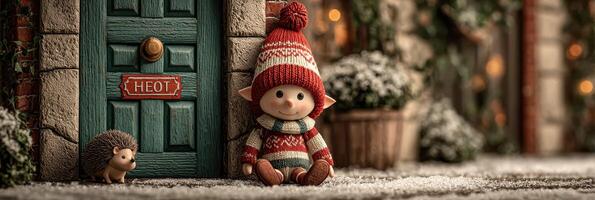 Festive holiday scene featuring a cheerful elf and a hedgehog near a cozy door adorned with decorations photo