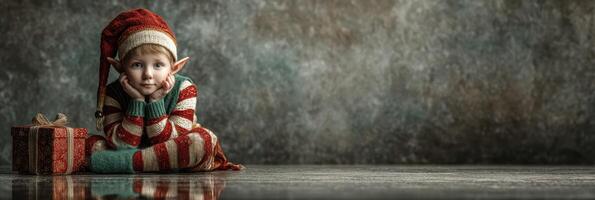 Child dressed as a festive elf poses with a gift in a cozy indoor setting during the holiday season photo