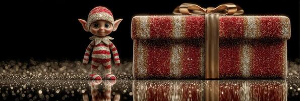 Toy elf with striped outfit and gift box in a festive setting during holiday season photo