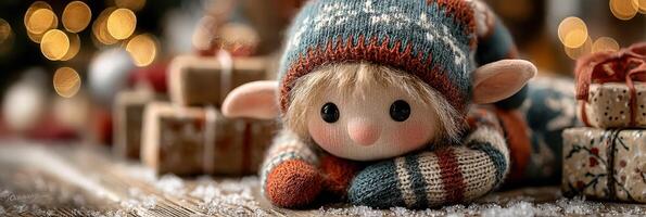 Charming holiday elf doll resting among festive gifts and sparkling lights in a cozy winter setting photo