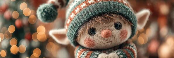 Cute handmade elf doll wearing a knitted hat poses against a festive background sparkling with lights photo