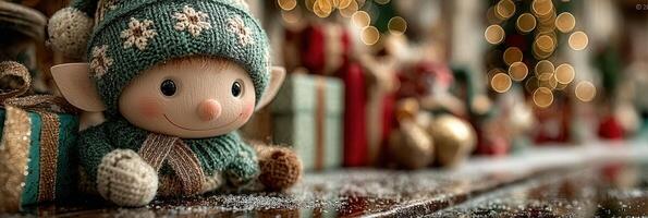 Festive elf decoration amidst colorful gifts and warm holiday lights captured in a cozy setting photo