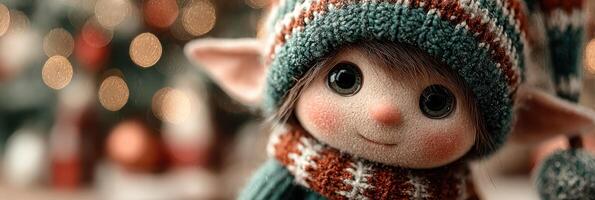Charming holiday elf doll wearing a colorful knitted hat and scarf in a festive setting with blurred lights photo