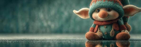 Charming plush toy elf sitting on a reflective surface with a cozy holiday vibe in a softly lit environment photo